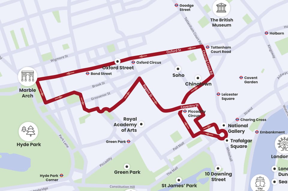 London: Tootbus Christmas Lights Tour incl walking tours - The route makes sense: Coventry St to the best Christmas-light corridors